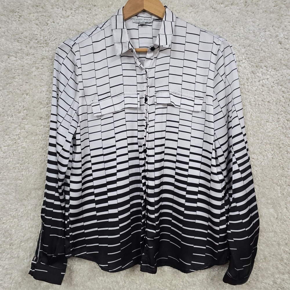 Alberto Makali Womens‎ Button Up Top Size L Black White Career Classic Office